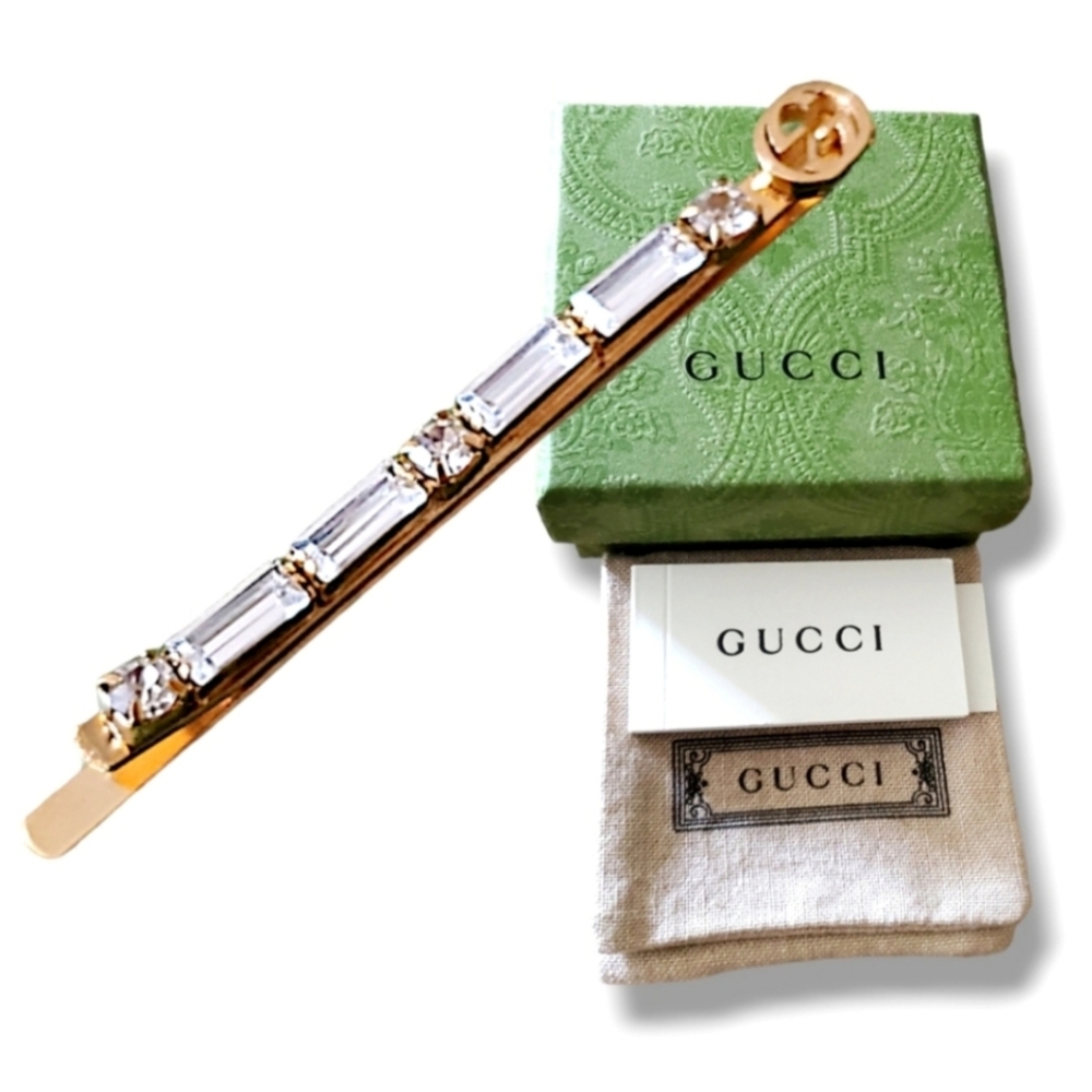 NIB Gucci Crystal Interlocking G Logo Goldtone Metal Hair Slide Box & Dustbag